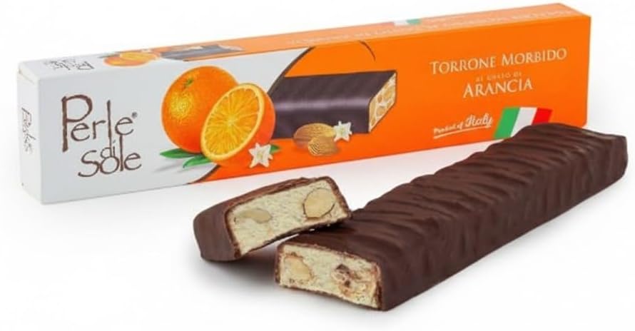 Perle di Sole Italian Orange Chocolate Nougat - Orange Flavored Soft Nougat Bar with Dark Chocolate Coating - Gourmet Artisan Torrone Made in Italy - Perfect as a Gift or After-Meal Treat (5.3 oz | 150 g)