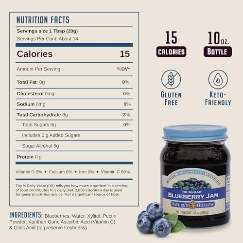 Nature's Hollow Blueberry Jam: Sugar Free Jam and Preserves, Low Cal, Non GMO, Keto Jam, Vegan, Gluten Free, and Diabetic Friendly - Sugar Free Jelly - 10oz
