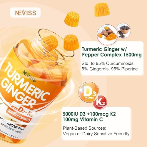 Turmeric and Ginger Gummies Supplement 1500mg w/Vitamin D3 5000 IU, K2 (MK7) & Black Pepper, Sugar Free Vegan Ginger and Turmeric Curcumin Supplements Gummy for Bone, Immune & Digestive Health, 120ct