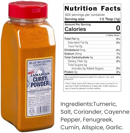 Blue Mountain Country Jamaican Curry Powder Hot - 22 oz Shaker Bottle | Authentic Spicy West Indian Curry Blend for Meat, Seafood, Vegetables & More
