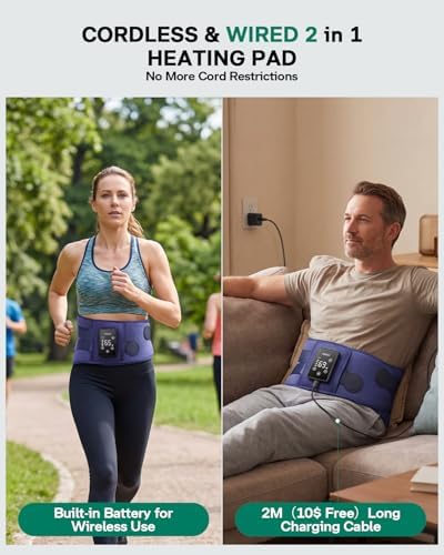 Cordless Heating Pad for Back, Portable Wearable Heat Belt with Massager for Lower Back Pain Relief Cramps Mothers Day Gifts for Women Mom Men Dad Seniors 3 Heat 30mins Off, 4 Vibration Modes