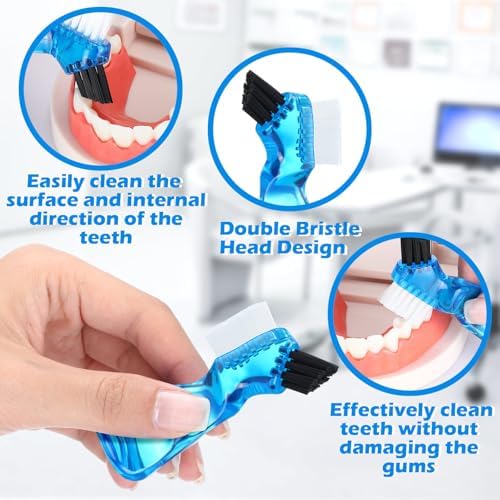 Tioncy 10 Pcs Small Portable Denture Brushes Double Sided Mini Denture Cleaning Toothbrush for False Teeth with Multi-Layered Bristles and Blue Handle for False Teeth Hygiene Cleaning Care