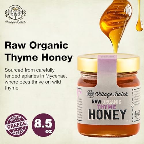 Village Batch Raw Organic Thyme Honey 8.5oz (Pack of 1) Jar from Mycenae, Unheated and Unpasteurized Greek-Honey, Light Amber, Rich Flavor and Intense Floral Aroma