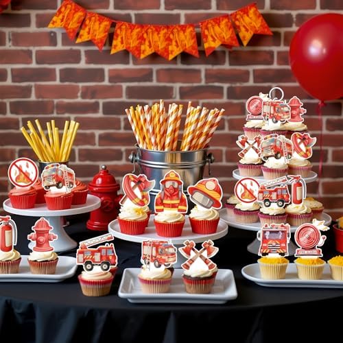 48 Pcs Fire Truck Cupcake Toppers Firetruck Birthday Decorations Firefighter Cupcake Toppers Fire Truck Birthday Decorations