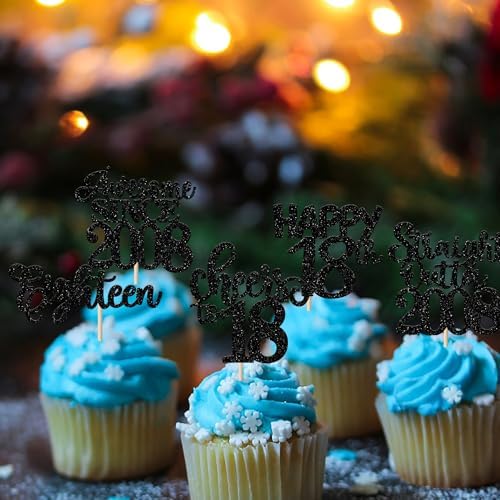 30 Pack Happy 18th Birthday Cupcake Toppers Glitter eighteen Awesome Since Straight Outta 2008 Cupcake Picks Cheers to 18 Years Cake Decorations for 18th Birthday Anniversary Party Supplies Black
