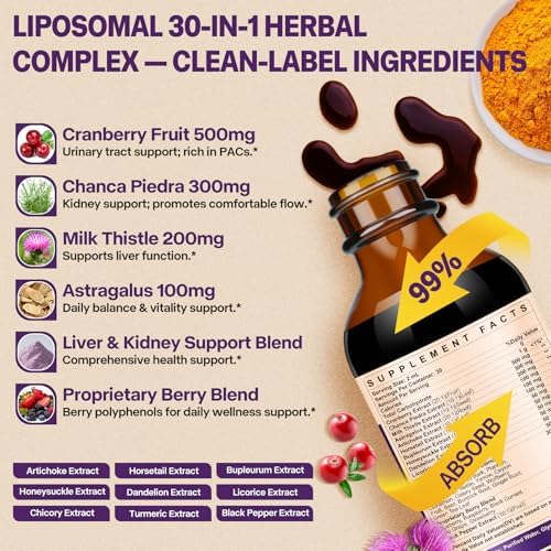 30-in-1 Kidney and Liver Cleanse Detox & Repair Drops with Cranberry Extract, Milk Thistle & Chanca Piedra, Vegan Kidney Support Supplement for Urinary Tract & Liver Support | Blueberry Flavor, 2P