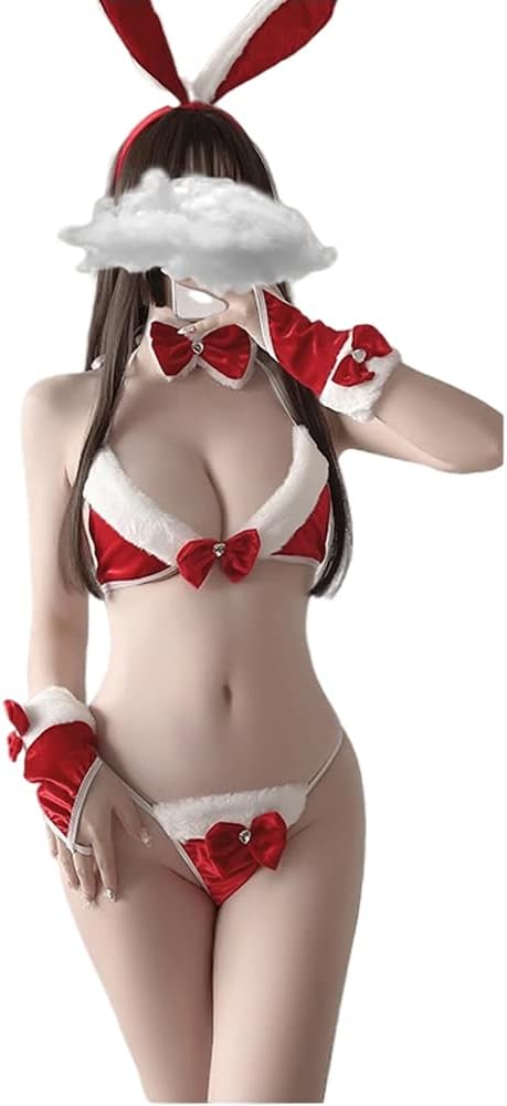 SINROYEE Japanese Lolita Underwear Sexy Bunny Cosplay Lingerie Costume Set Micro Bikini Furry Bra and Panty Kawaii Anime