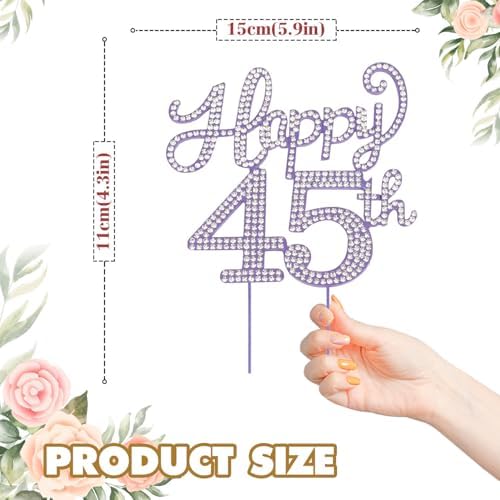Happy 45th Birthday Decorations,45th Birthday Purple Rhinestone Cake Topper - Cheers to 45 Years Old Bday Party Metal Sparkly Cake Centerpieces Sign.