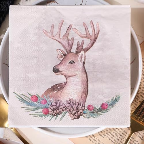 Christmas Disposable Paper Napkins Decorative Printed Paper Tissue Cocktail Napkins for Fun Holiday Party Luncheon Lunch Buffet Appetizer Dessert (Christmas Elk)