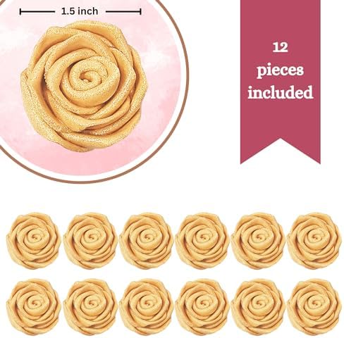 Confect Metallic Edible Champagne Gold Roses | Edible Christmas Cupcake Toppers | Edible Flower For Cake Decorating | Pack Of 12 Edible Metallic Sugar Flowers for Cake Decorating