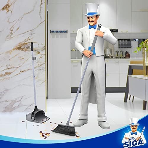 MR.SIGA Broom and Dustpan Set with Adjustable Long Handle, Upright Combo for Floor, Cleaning Lobby, Gray
