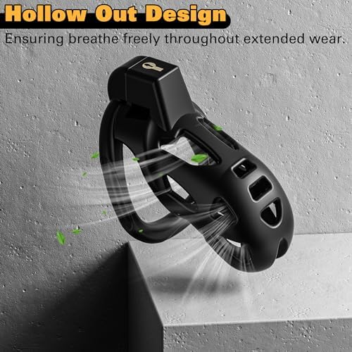 Male Chastity Cage with 5 Size Rings, Lightweight Breathable Chastity Device with Invisible Lock, Comfortable Fit with Ventilated Design & Urination Hole (L,Black)
