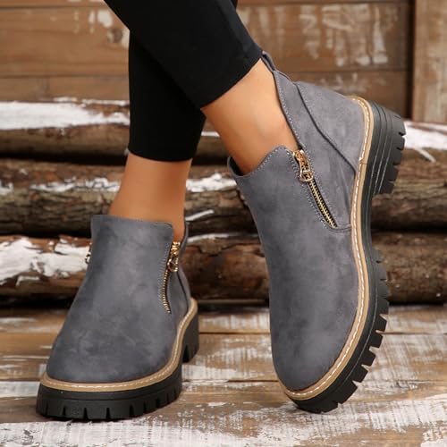 ZSpzx Women Suede Ankle Boots Platforms Buckle Straps Chunky Block Heels Round Toe Slip on Retro Solid Short Booties Stylish Casual Comfortable Fall Winter Office Walking Western Shoes
