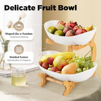 2 Tier Fruit Basket, Ceramic Vegetable Bowl with Bamboo Wood Stand, Storage Bowls for Nuts, Salad Snack Dessert Cake Tray Plate Rack Two Tier Serving Stand for Party Wedding Home Office (White)