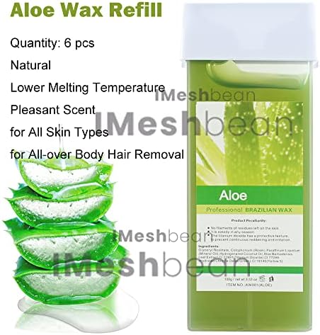 6 Pack Roll On Wax Hair Removal Wax Cartridge Depilatory Wax Roller for Sensitive Skin at Home Waxing Body,Legs,Underarm Ideal for Personal & Professional Use Beauty Salon (Aloe)