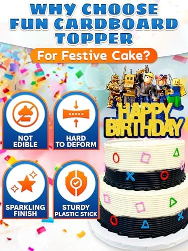 Video Game Cake Topper Decorations - Vibrant Glitter Cardboard Gamer Cake Topper, Eye-Catching Design, Firm Installation & Easy Adjusting, Sturdy Plastic Stick - Birthday Decorations for Boys & Girls