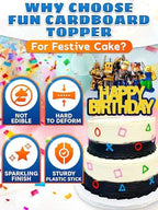 Video Game Cake Topper Decorations - Vibrant Glitter Cardboard Gamer Cake Topper, Eye-Catching Design, Firm Installation & Easy Adjusting, Sturdy Plastic Stick - Birthday Decorations for Boys & Girls