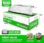 500 Count Pre-Cut Deli Aluminum Foil Sheets, 12” Heavy Duty Pop Up Sheets for Restaurant, Disposable Foil Sheets for Food, Tin Sheets for Burrito, Hot Dog or Sandwich, Stock Your Home