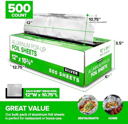 500 Count Pre-Cut Deli Aluminum Foil Sheets, 12” Heavy Duty Pop Up Sheets for Restaurant, Disposable Foil Sheets for Food, Tin Sheets for Burrito, Hot Dog or Sandwich, Stock Your Home
