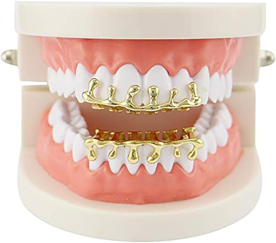 18k Gold Teardrop Bottom Grillz 6 Teeth Caps Top and Bottom Set Teeth Drip Cap Grillz