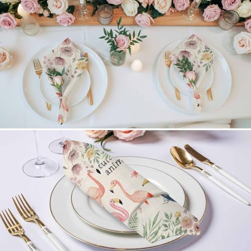 4pcs Cloth Napkins,Summer Flamingo Flower Leaf Reusable Dinner Napkin Washable Soft Kitchen Napkins,Vintage Linen Tropical Botanical Absorbent Cloth Napkin for Holiday Party Wedding