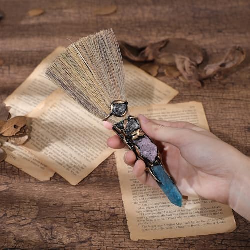 RENEMEGO Crystal Witch Altar Broom - Witchcraft Supplies with Blue Apatite Wiccan Stuff Fairy Magic Broomstick with Natural Healing Crystals Hexagonal Points Pagan Fengshui Reiki Energy Clearing Gift