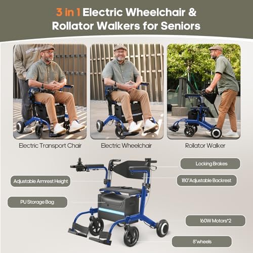 Electric Wheelchair for Adults Rollator Walkers for Seniors with Seat, 3 in 1 Transport Motorized Wheelchair Lightweight Foldable Compact Portable Electric Wheelchair Rollator Combo (Blue)