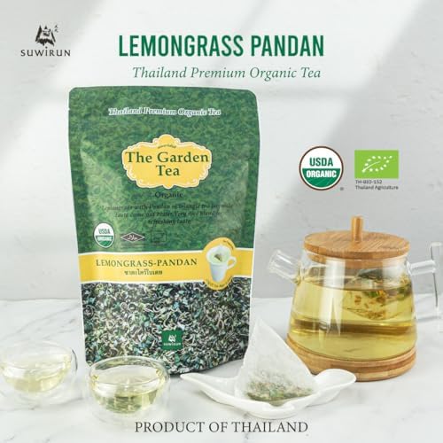 Suwirun Organic Lemongrass & Pandan Tea 25 Bags – Product of Thailand – Aromatic Thai Herbal Blend, Caffeine-Free, No Calories, Natural Fragrance, Brew Hot or Cold