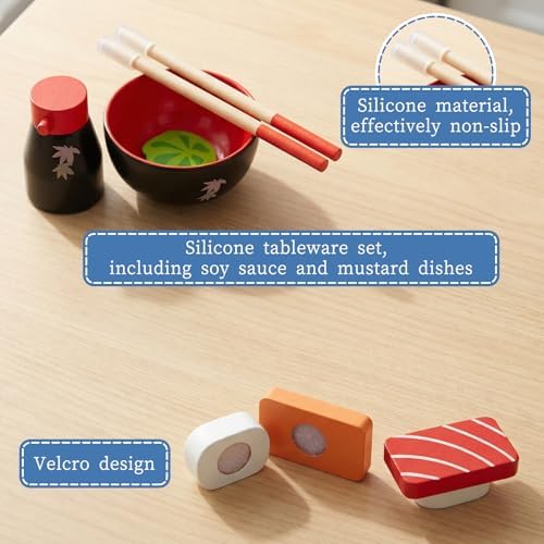 Sushi Slicing Play Food Set, Wooden Pretend Play Kitchen Toys for Kids 3+, Sushi Food Play Learning Toy for Girls Boys