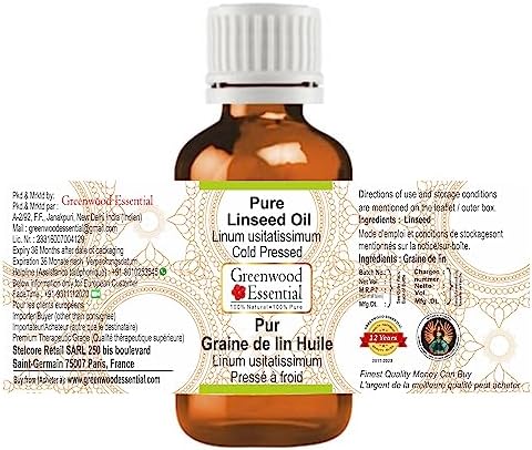 Greenwood Essential Linseed Oil (Linum usitatissimum) | Cold Pressed | Natural | Undiluted | For Diluting Essential Oils | For Skin & Massage | Men & Women | 100ml (3.38 oz)