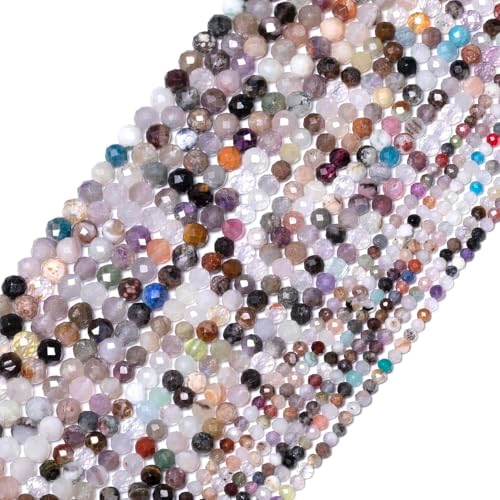 3mm 120pcs Natural Mixed Stone Beads, Songxi Small Faceted Round Loose Gemstone for Jewelry Making, DIY Art and Craft, Bracelet Necklace (1 Strand)