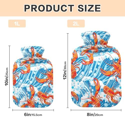 Hot Water Bottle with Soft Cover, 1L Transparent Hot Water Bags for Menstrual Cramps, Neck and Shoulder Pain Relief, Hand Feet Warmer, Orange Lobster Blue Sea Waves