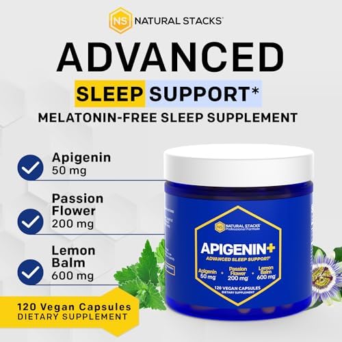 NATURAL STACKS Apigenin Supplement for Sleep - 50mg Apigenin & 600mg Lemon Balm - Melatonin Free Sleep Aid - with Passion Flower Extract for Stress Support* - 120 Lemon Balm Capsules