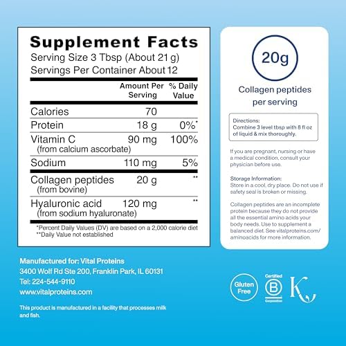 Vital Proteins Collagen Peptides Powder Advanced with Hyaluronic Acid & Vitamin C, Collagen Supplements, Unflavored, 12 Servings