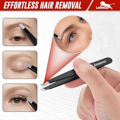 LIONCO Professional 4PCS Tweezer Set for Men & Women–Stainless Steel Eyebrow,Facial Hair Removal Kit–Includes Slant,Pointed,Flat & Angled Tweezers for Precision Grooming,Beard,Ingrown Hair (Black)