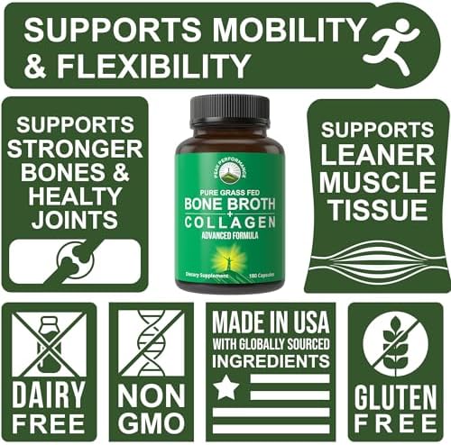 Peak Performance Bone Broth Collagen Capsules - 180 Pills of Grass Fed Bone Broth Collagen Protein Peptides - Contains All 3 Types 1, 2, and 3 - Pure Pasture Raised Paleo Friendly for Women & Men