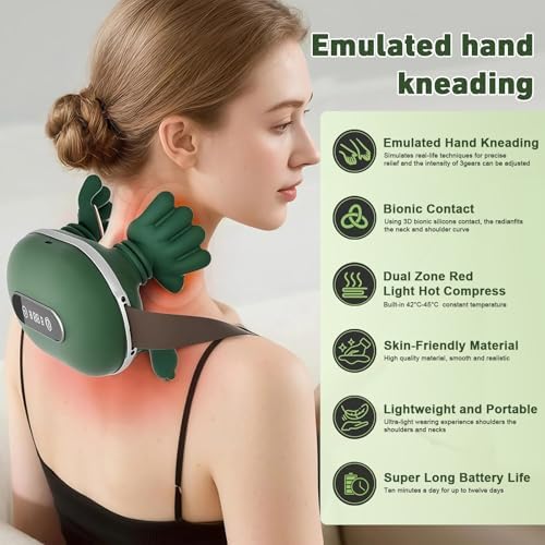 Neck Massager with Heat for Pain Relief deep Tissue, Bionic 4D Deep-Kneading Massage with Soothing Heat,Adjustable Intensity,Portable & Ergonomic Design for Home,Office,and Travel Relaxation