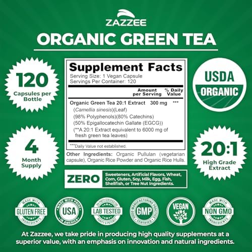 Zazzee USDA Organic Green Tea 20:1 Extract, 50% EGCG, 98% Polyphenols, 80% Catechins, 120 Vegan Capsules, 4 Month Supply, Antioxidant, Metabolism & Energy Support, Non-GMO, All-Natural, Made in USA