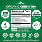 Zazzee USDA Organic Green Tea 20:1 Extract, 50% EGCG, 98% Polyphenols, 80% Catechins, 120 Vegan Capsules, 4 Month Supply, Antioxidant, Metabolism & Energy Support, Non-GMO, All-Natural, Made in USA