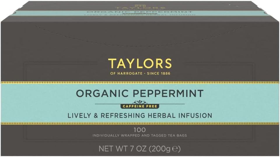 Taylors of Harrogate Organic Peppermint, Herbal Tea, Individually Wrapped Bags, 100 Count (Pack of 1), Clean, Pure and Refreshing, Caffeine-Free, Enjoy Hot or Iced, 100 Teabags