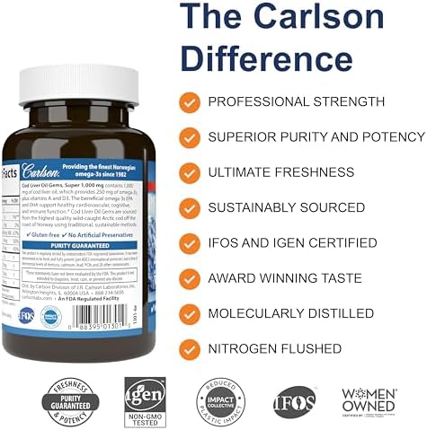 Carlson - Cod Liver Oil, Super 1000 mg + Vitamins A & D3, Wild Norwegian, Sustainably Sourced, 100 Softgels