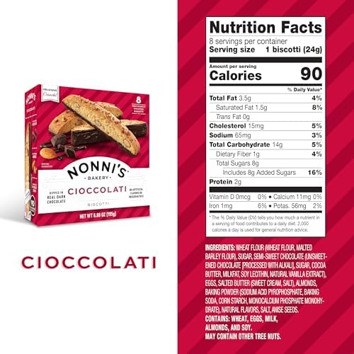 Nonni's Cioccolati Biscotti Italian Cookies, Dark Chocolate Almond Individually Wrapped Gourmet Coffee & Tea Dipping Snack, Crunchy Twice-Baked, 6.88 oz 8 Count