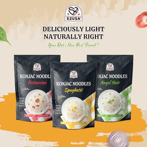 52USA Konjac Shirataki Noodle, Low Carb Pasta 52.8 Oz (1500 g), Keto and Paleo Friendly, Low Calorie, Sugar Free, Vegan, Ready to Eat, Gluten Free, Angel Hair, Fettuccine, Spaghetti Noodles (3 Variety - 6 Pack Inside)
