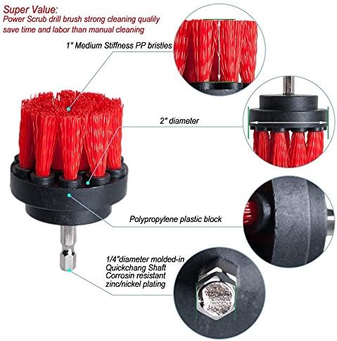 2 inch Diameter Drill Powered Stiff Scrub Cleaning Brush Heavy Duty Cleaning Applications for Bathroom Surfaces, Tile and Grout, Hard Water Stains, Rust (Red)