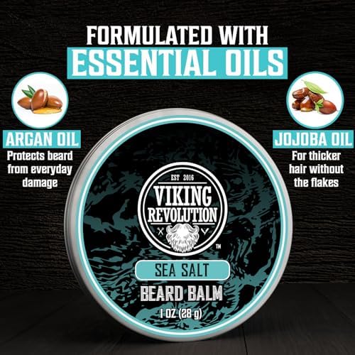 Viking Revolution 4 Beard Balm Variety Pack (1oz Each) – Coffee & Whiskey, Palo Santo, Sea Salt and Unscented – Styles, Strengthens & Softens Beards & Mustaches – Leave-In Conditioner Wax for Men