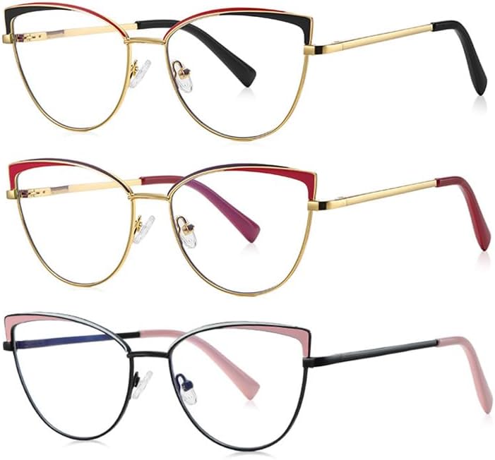 3Pack Womens Metal Rim Cat Eye Ladies Reading Glasses Stylish Blue Light Blocking Readers