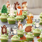45 Pcs Woodland Creatures Happy Birthday Cupcake Toppers - Woodland Animals Baby Shower Party Decorations, Woodland Animals Themed Cake Decorations for Party Supplies Decor Kids, Boys, Girls