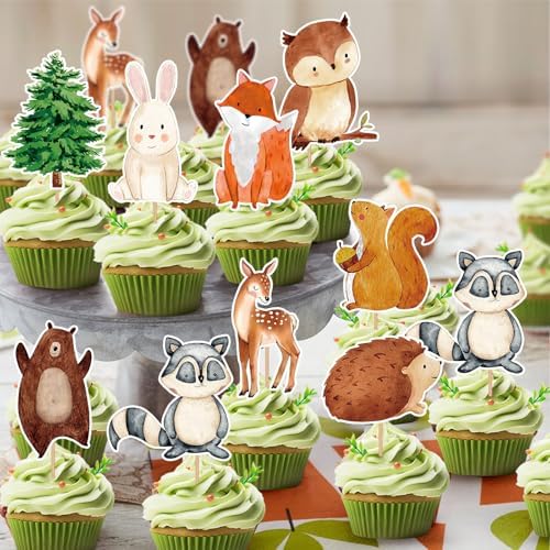 45 Pcs Woodland Creatures Happy Birthday Cupcake Toppers - Woodland Animals Baby Shower Party Decorations, Woodland Animals Themed Cake Decorations for Party Supplies Decor Kids, Boys, Girls