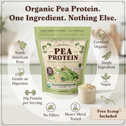Seedboy Organic Pea Protein Powder Unflavored, 1 lb, 20g Plant-Based Protein, USA Processed & USA/Canada Grown, Vegan, Dairy-Free, Soy-Free, Gluten-Free, Glyphosate-Free, Unsweetened