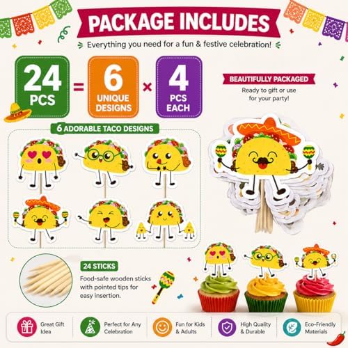 24 Pcs Fiesta Taco Party Cupcake Toppers For Taco Theme Birthday Mexican Fiesta Party Decor Baby Showers Birthday Decoration Supplies